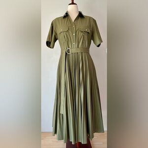 Elie Tahari Army Green Pleated Skirt Belted Midi Dress